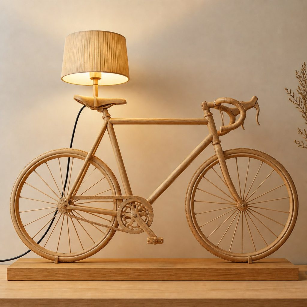 Road Bicycle Profile Lamp shown as an original square photorealistic road bicycle lamp made from natural light-yellow wood with fine grain and warm diffused light