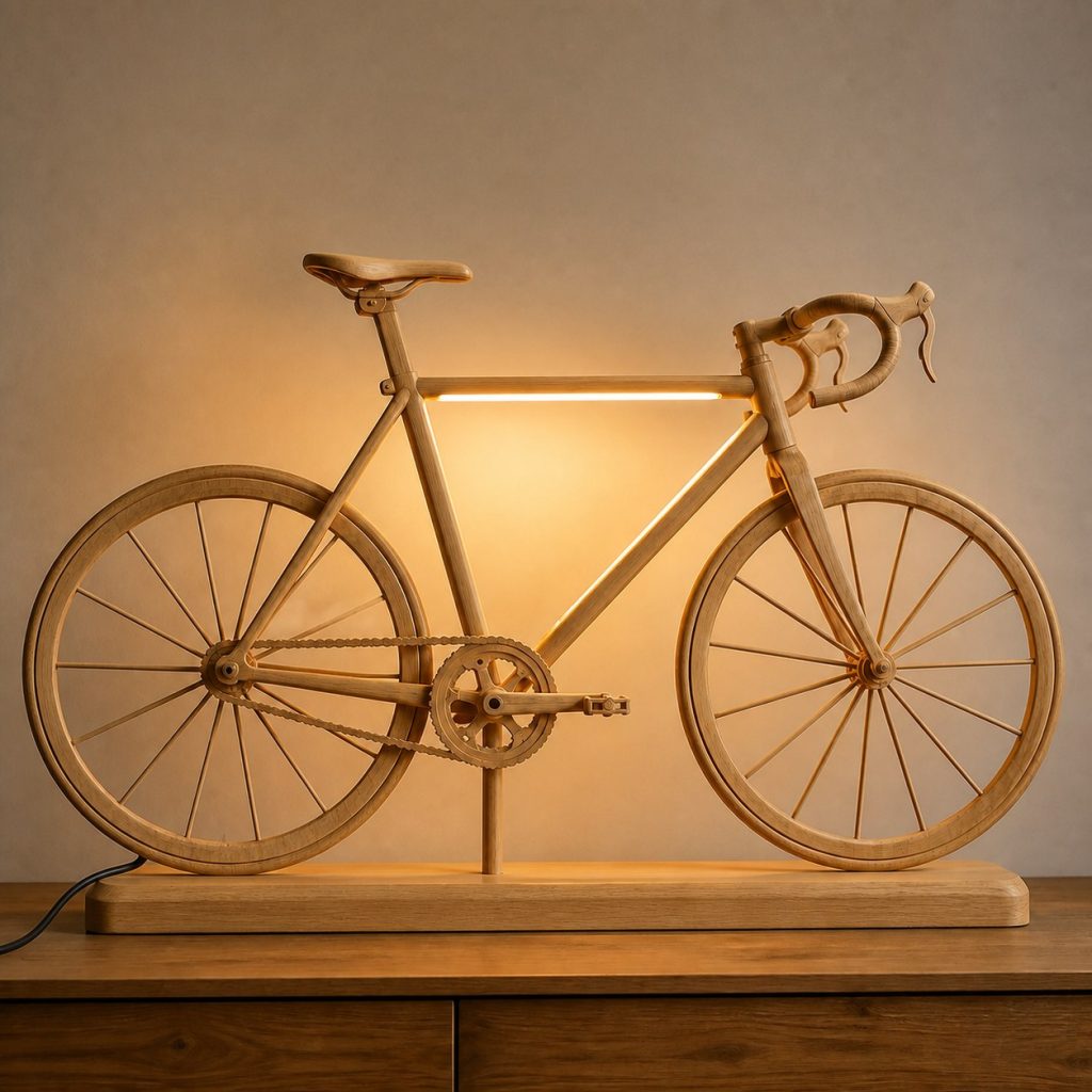 Faceted Road Bicycle Lamp shown as an original square photorealistic road bicycle lamp made from natural light-yellow wood with fine grain and warm diffused light