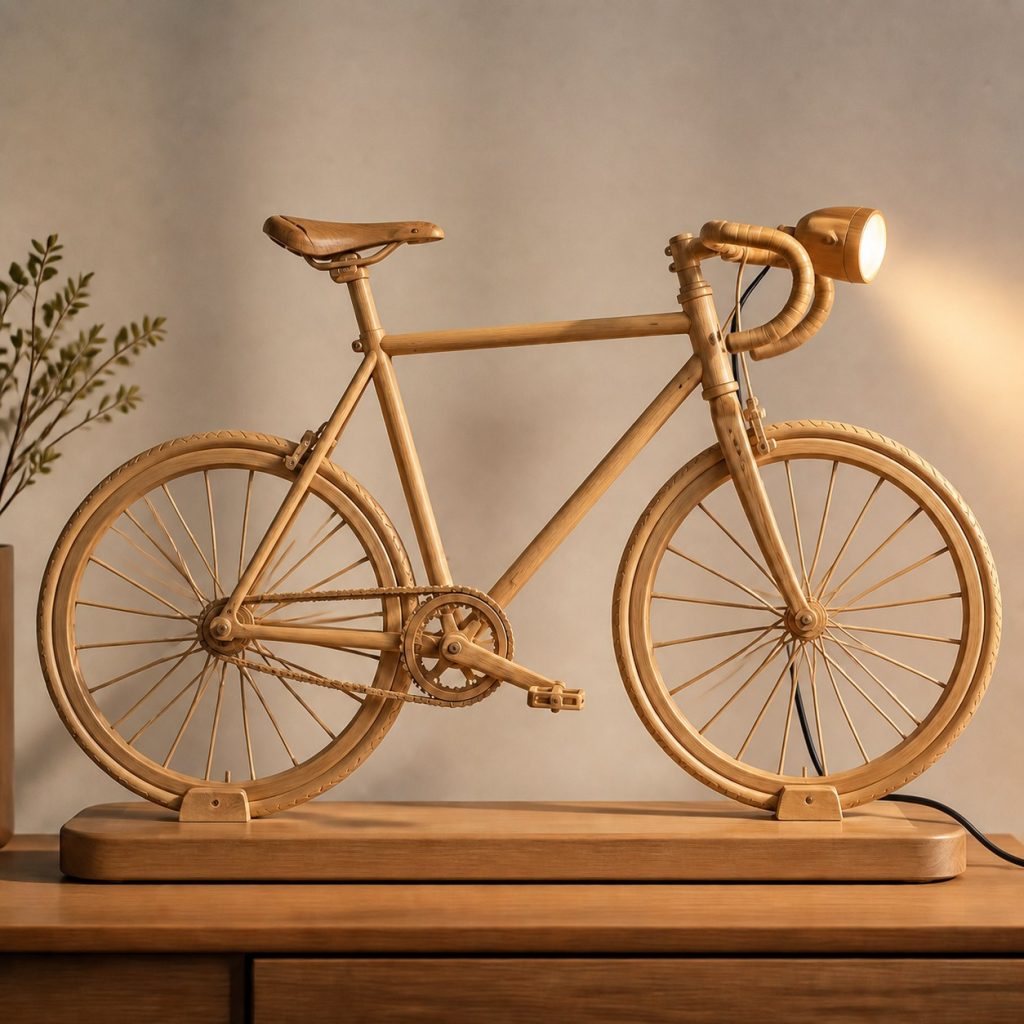 Bicycle Headlight Desk Task Lamp shown as an original square photorealistic road bicycle lamp made from natural light-yellow wood with fine grain and warm diffused light