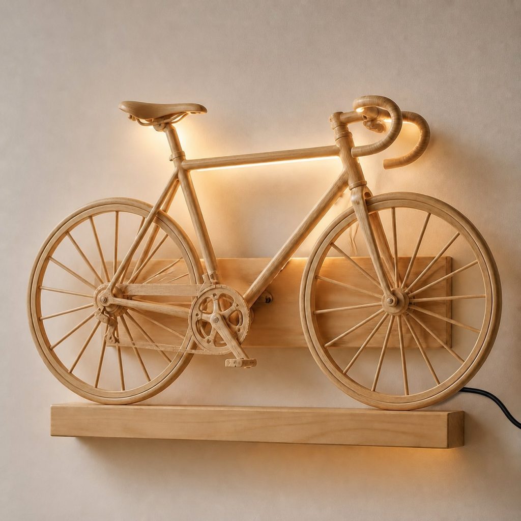 Speeding Bicycle Wall Sconce shown as an original square photorealistic road bicycle lamp made from natural light-yellow wood with fine grain and warm diffused light