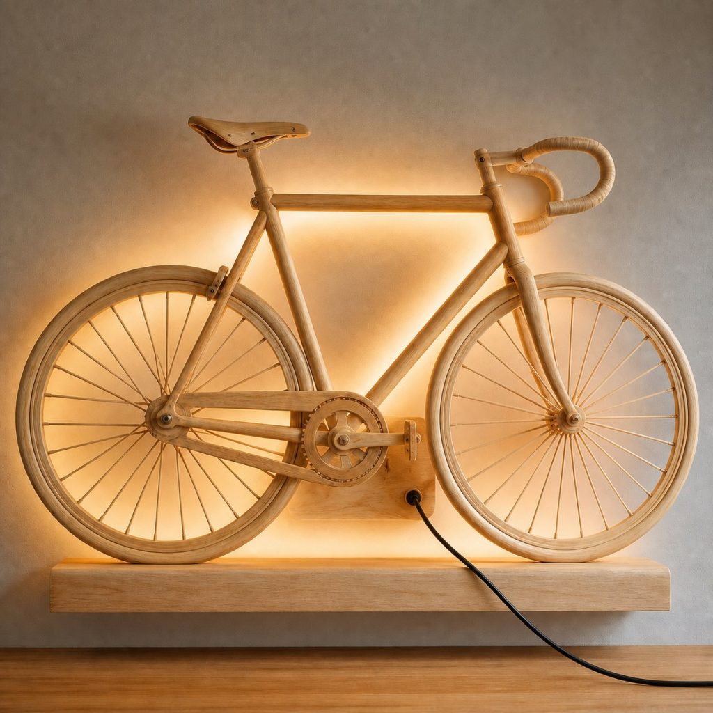 Layered Bicycle Wheel Wall Lamp shown as an original square photorealistic road bicycle lamp made from natural light-yellow wood with fine grain and warm diffused light