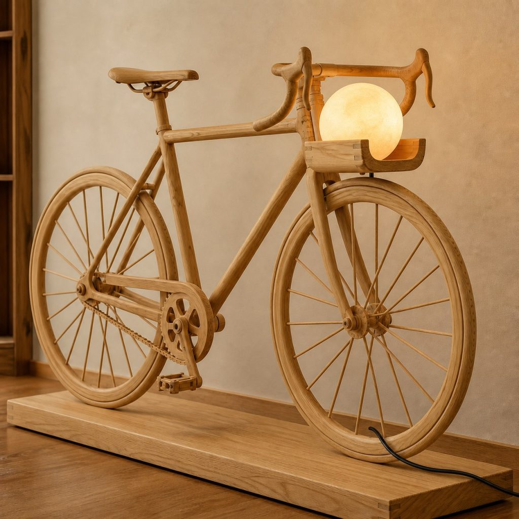 Road Bicycle Orb Lamp shown as an original square photorealistic road bicycle lamp made from natural light-yellow wood with fine grain and warm diffused light