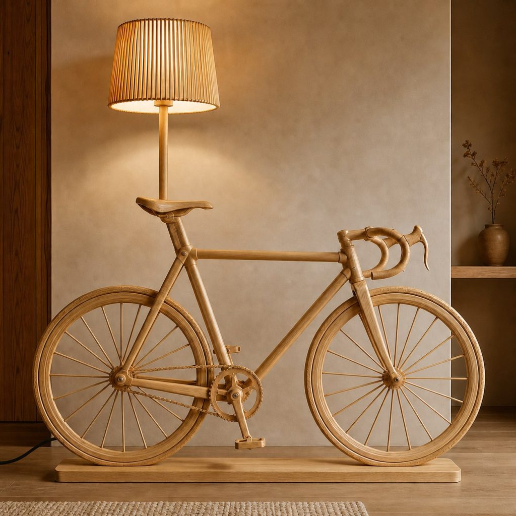 Stacked Bicycle Floor Lamp shown as an original square photorealistic road bicycle lamp made from natural light-yellow wood with fine grain and warm diffused light