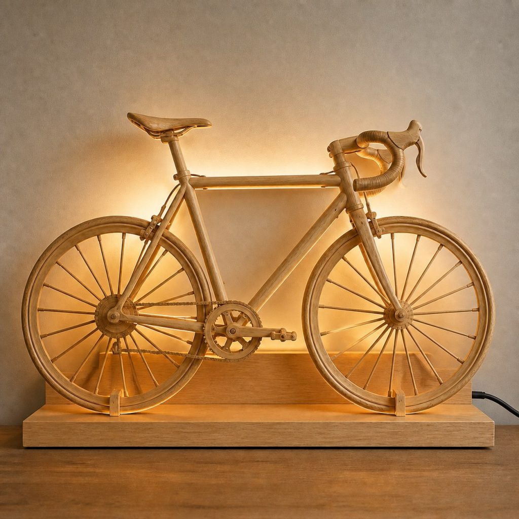 Cycling Bicycle Lantern shown as an original square photorealistic road bicycle lamp made from natural light-yellow wood with fine grain and warm diffused light