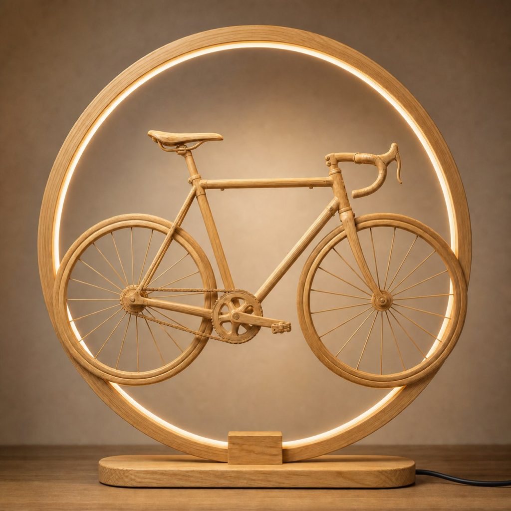 Road Bicycle Wheel-Ring Lamp shown as an original square photorealistic road bicycle lamp made from natural light-yellow wood with fine grain and warm diffused light