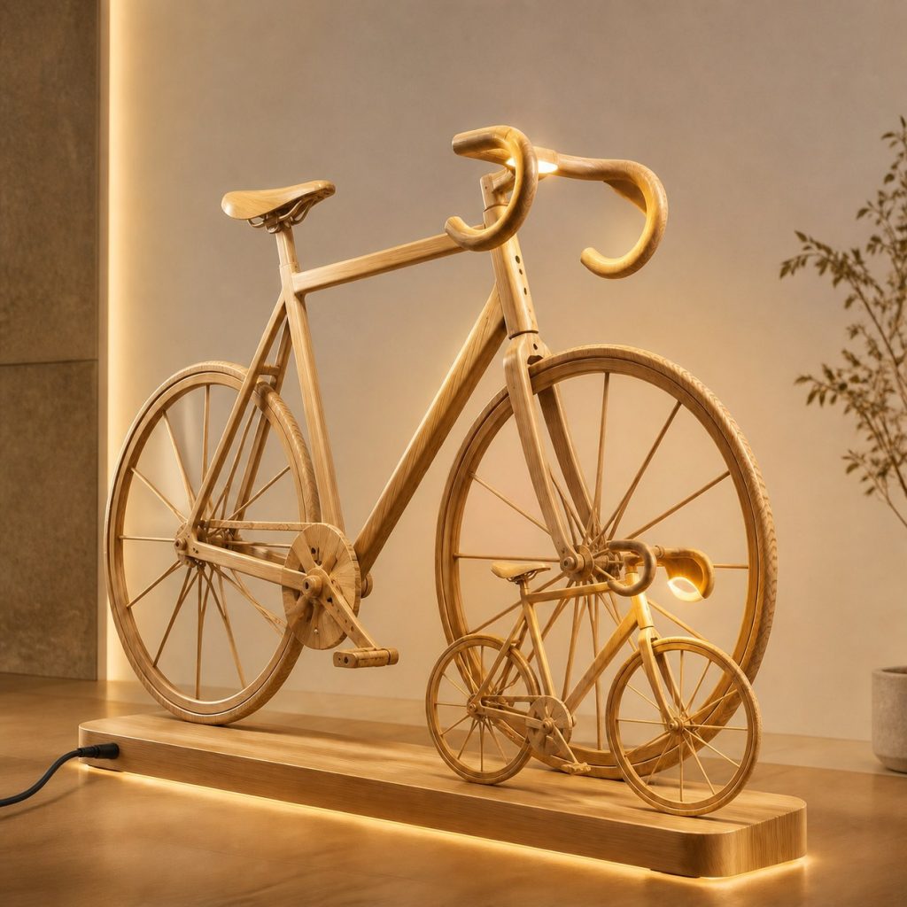 Paired Road Bicycle Floor Lamp shown as an original square photorealistic road bicycle lamp made from natural light-yellow wood with fine grain and warm diffused light