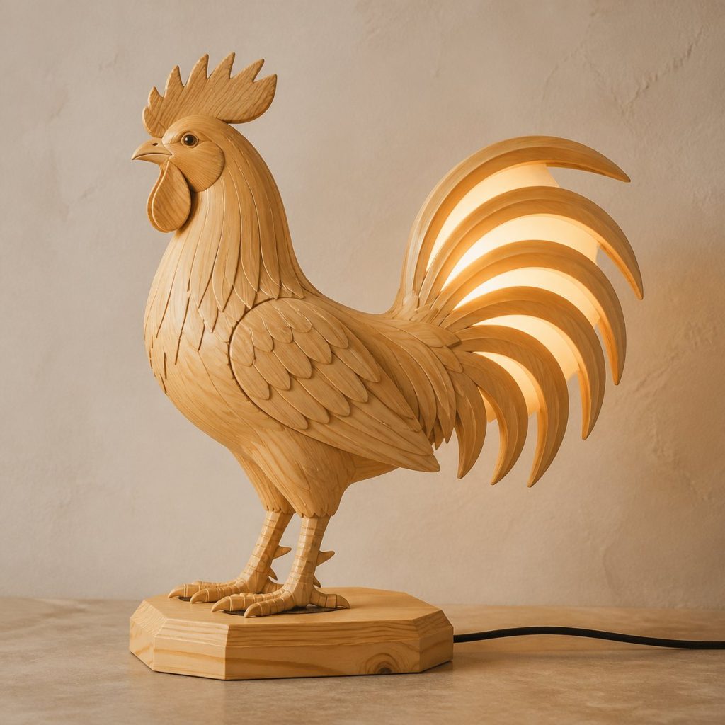 Standing Rooster Profile Lamp shown as an original square photorealistic rooster lamp made from natural light-yellow wood with fine grain and warm diffused light