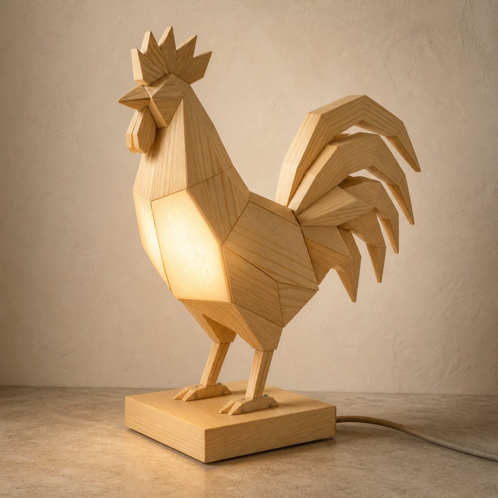 Faceted Rooster Lamp shown as an original square photorealistic rooster lamp made from natural light-yellow wood with fine grain and warm diffused light
