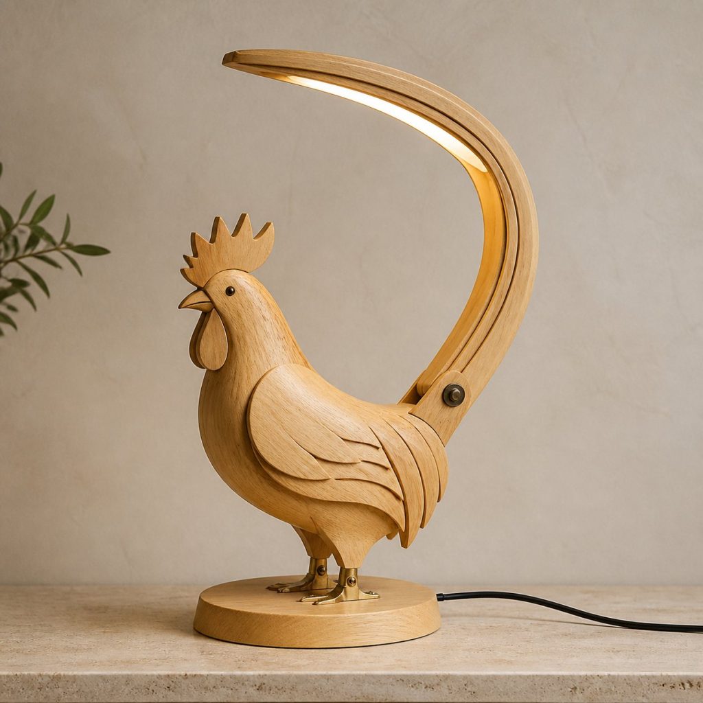 Rooster-Tail Desk Task Lamp shown as an original square photorealistic rooster lamp made from natural light-yellow wood with fine grain and warm diffused light