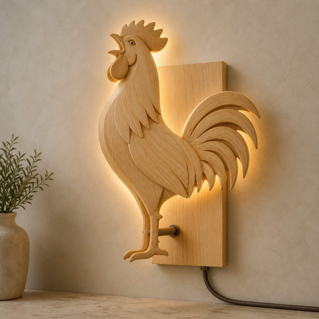 Crowing Rooster Wall Sconce shown as an original square photorealistic rooster lamp made from natural light-yellow wood with fine grain and warm diffused light