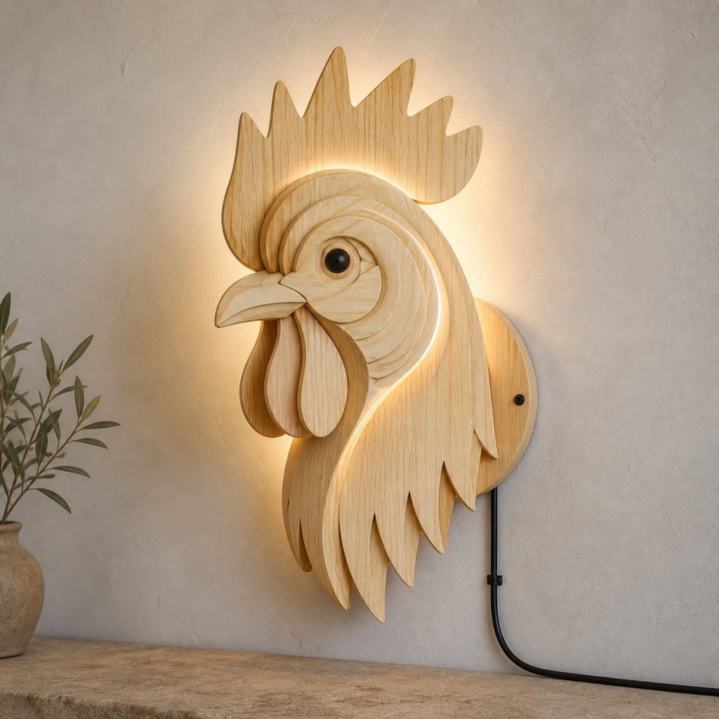 Layered Rooster Head Wall Lamp shown as an original square photorealistic rooster lamp made from natural light-yellow wood with fine grain and warm diffused light