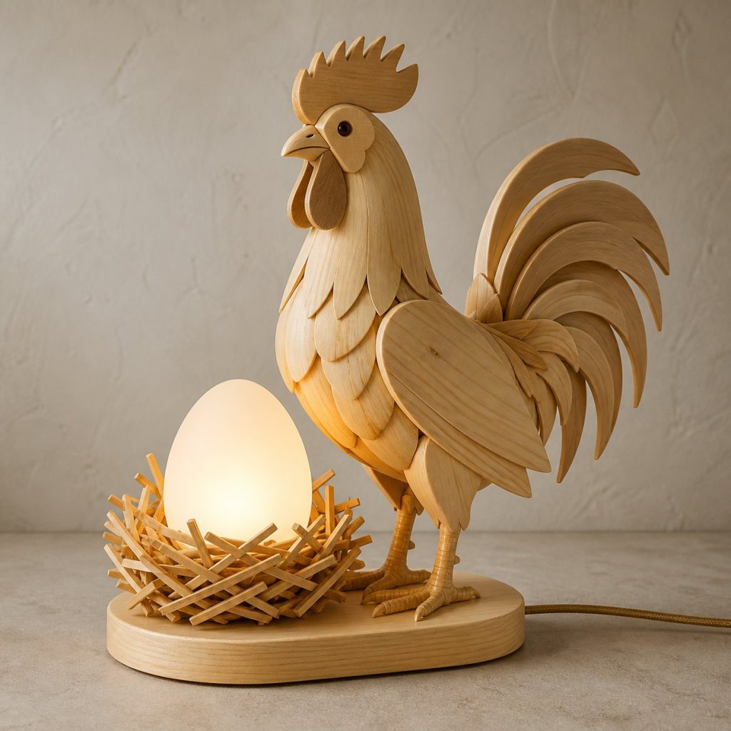 Rooster Egg Orb Lamp shown as an original square photorealistic rooster lamp made from natural light-yellow wood with fine grain and warm diffused light