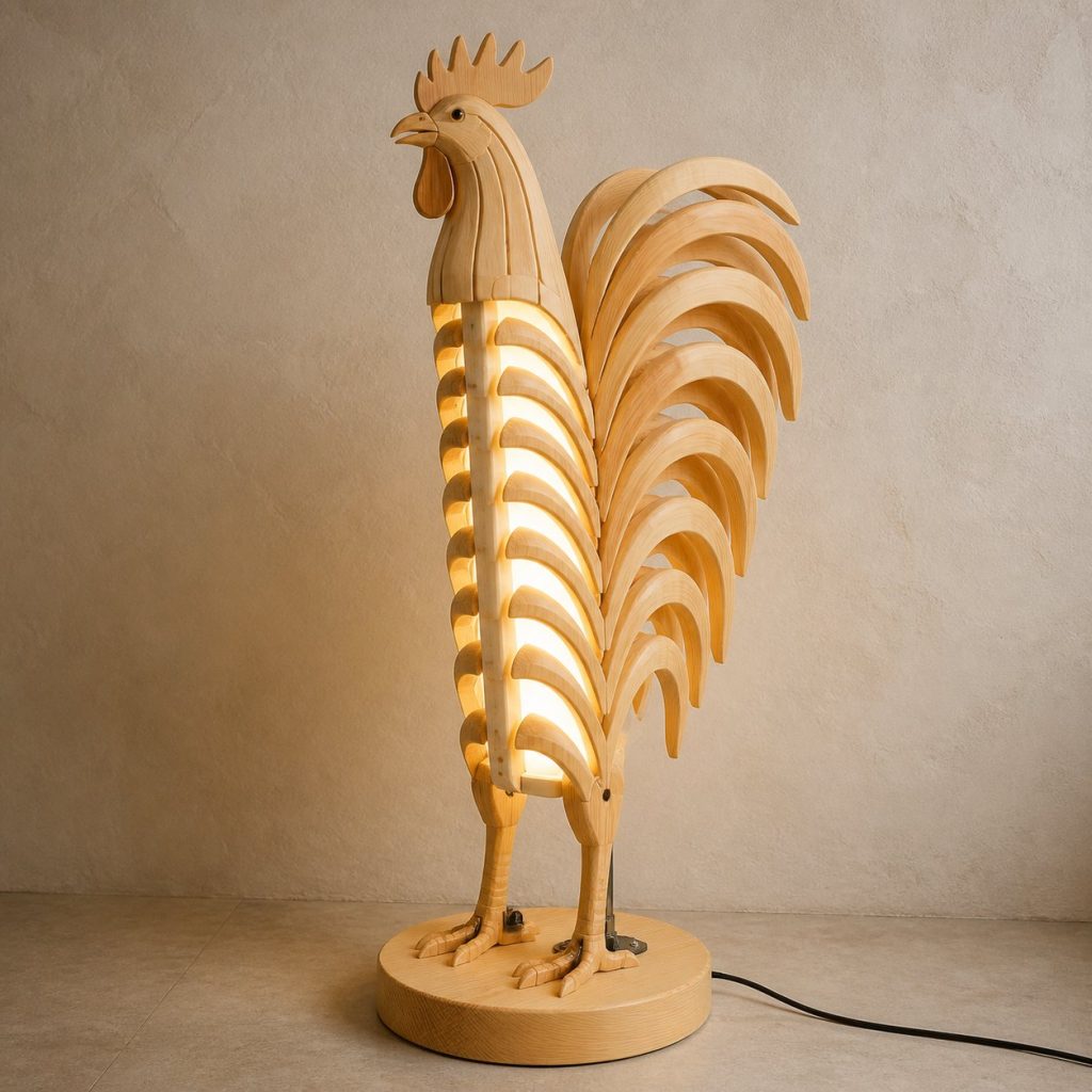 Rooster-Feather Floor Lamp shown as an original square photorealistic rooster lamp made from natural light-yellow wood with fine grain and warm diffused light