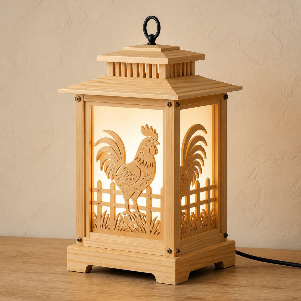 Farm Rooster Lantern shown as an original square photorealistic rooster lamp made from natural light-yellow wood with fine grain and warm diffused light