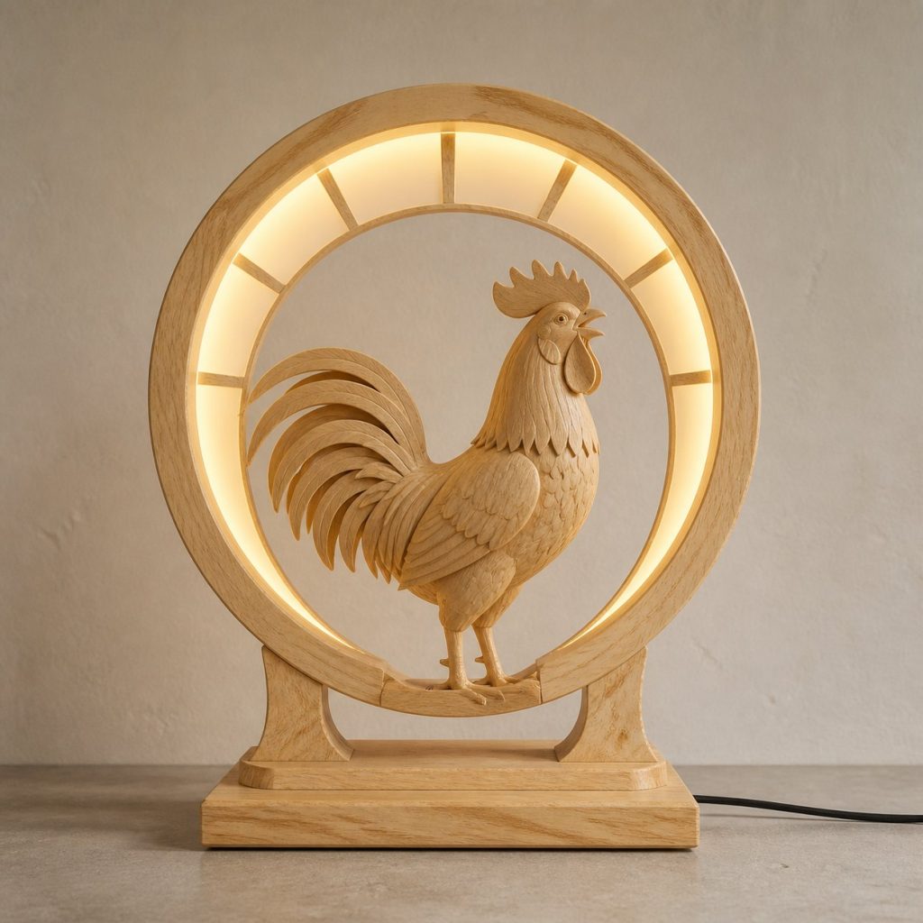 Rooster-and-Sun Ring Lamp shown as an original square photorealistic rooster lamp made from natural light-yellow wood with fine grain and warm diffused light