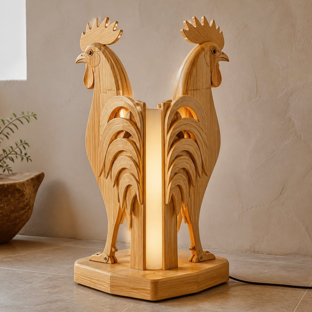 Twin-Rooster Floor Lamp shown as an original square photorealistic rooster lamp made from natural light-yellow wood with fine grain and warm diffused light