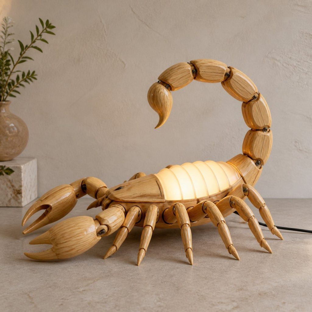 Scorpion Profile Lamp shown as an original square photorealistic scorpion lamp made from natural light-yellow wood with fine grain and warm diffused light