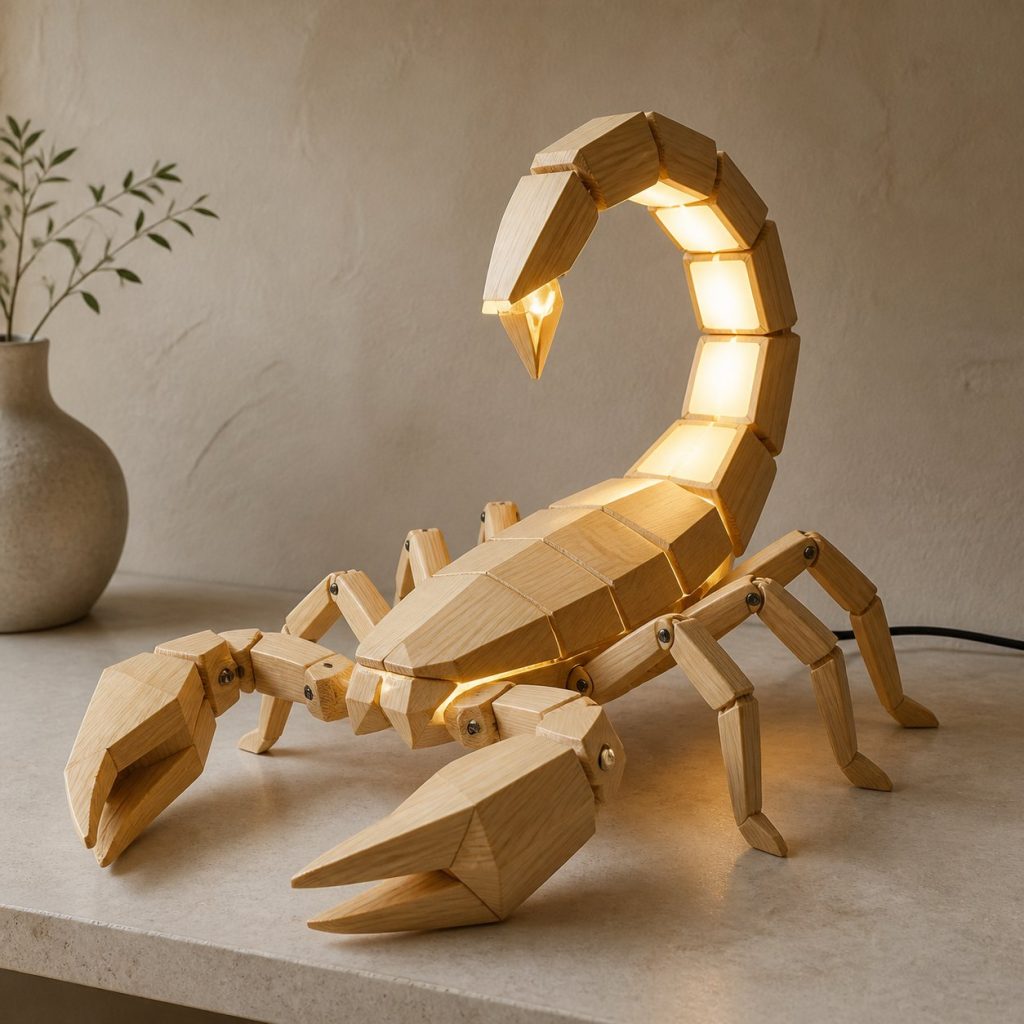 Faceted Scorpion Lamp shown as an original square photorealistic scorpion lamp made from natural light-yellow wood with fine grain and warm diffused light