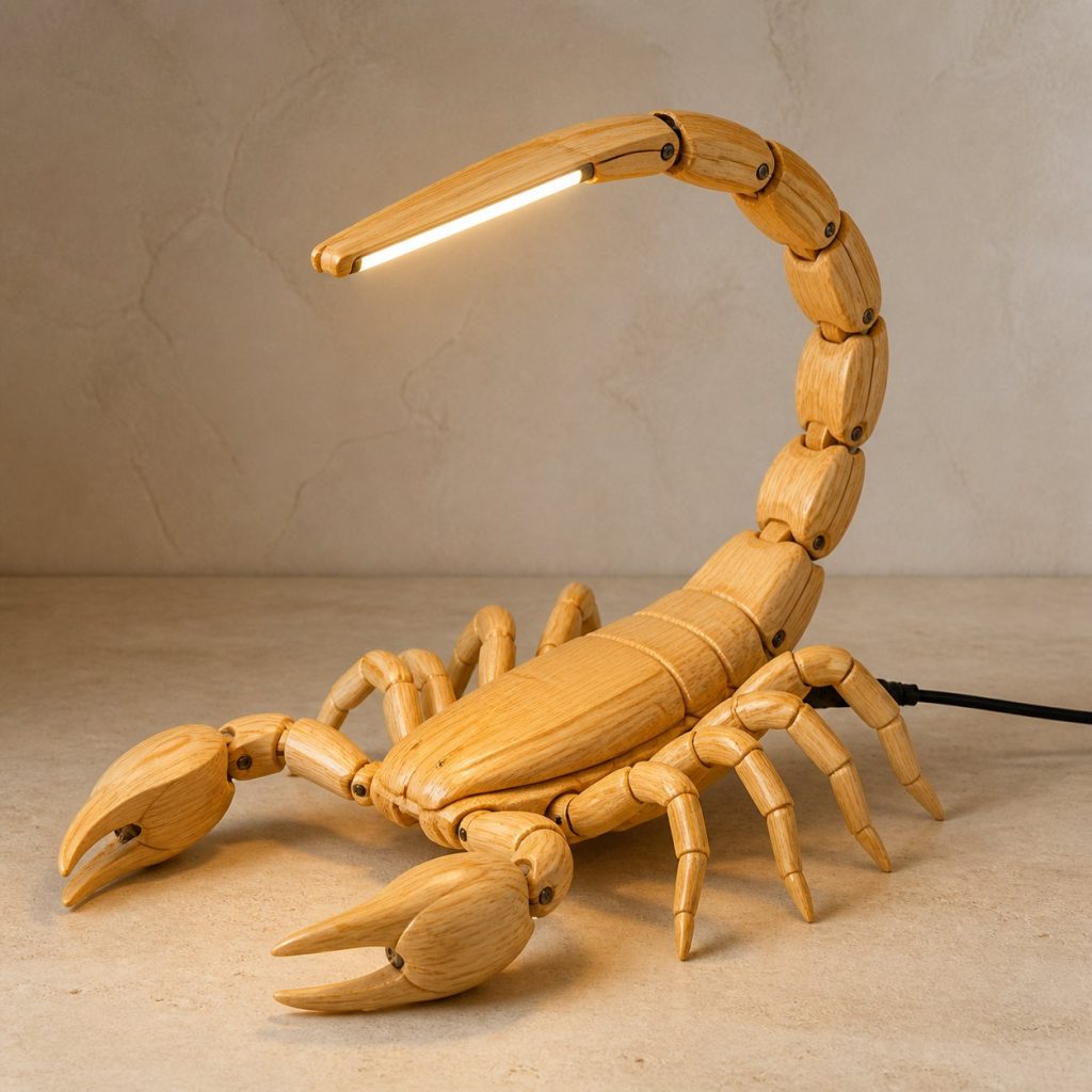 Scorpion-Tail Desk Task Lamp shown as an original square photorealistic scorpion lamp made from natural light-yellow wood with fine grain and warm diffused light