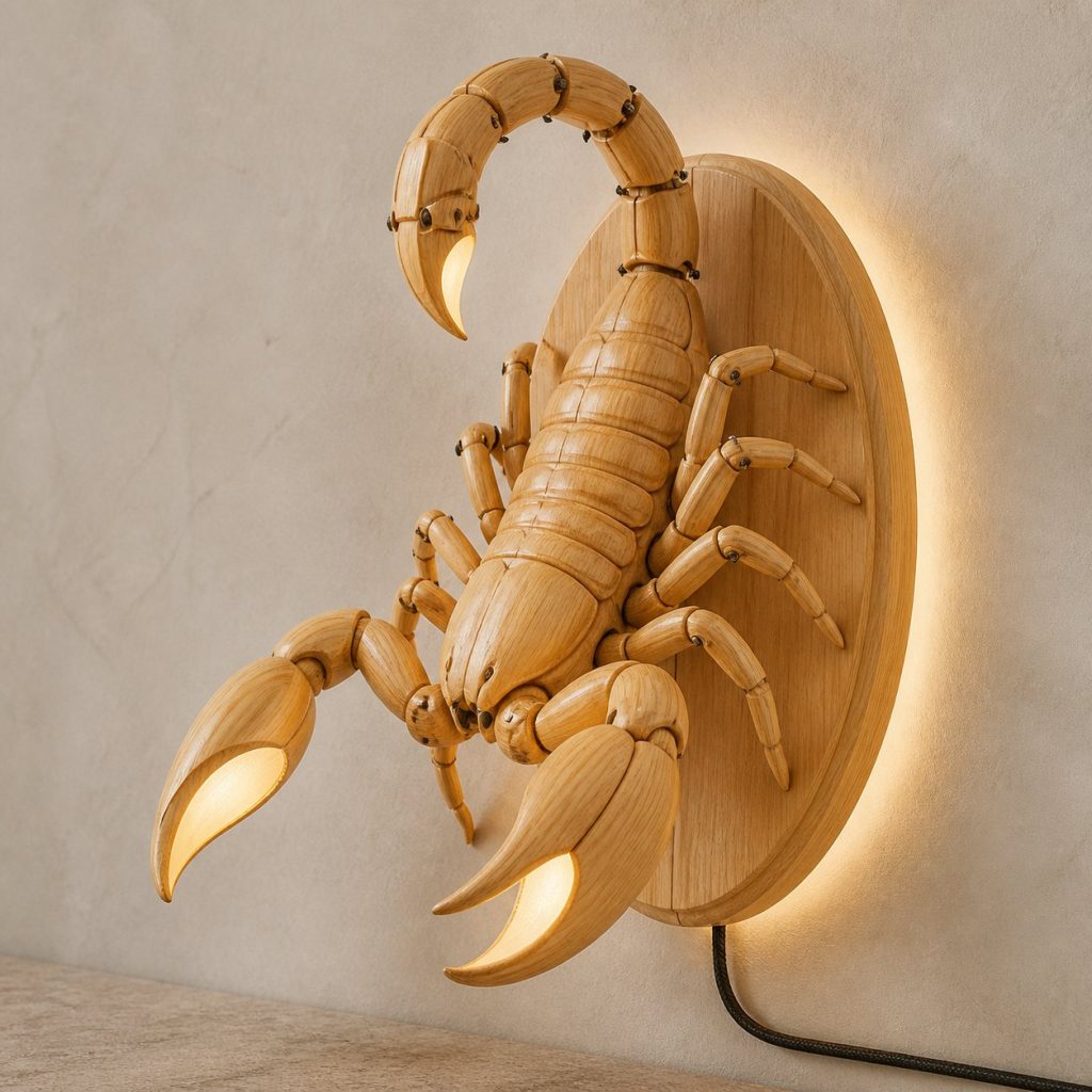 Climbing Scorpion Wall Sconce shown as an original square photorealistic scorpion lamp made from natural light-yellow wood with fine grain and warm diffused light