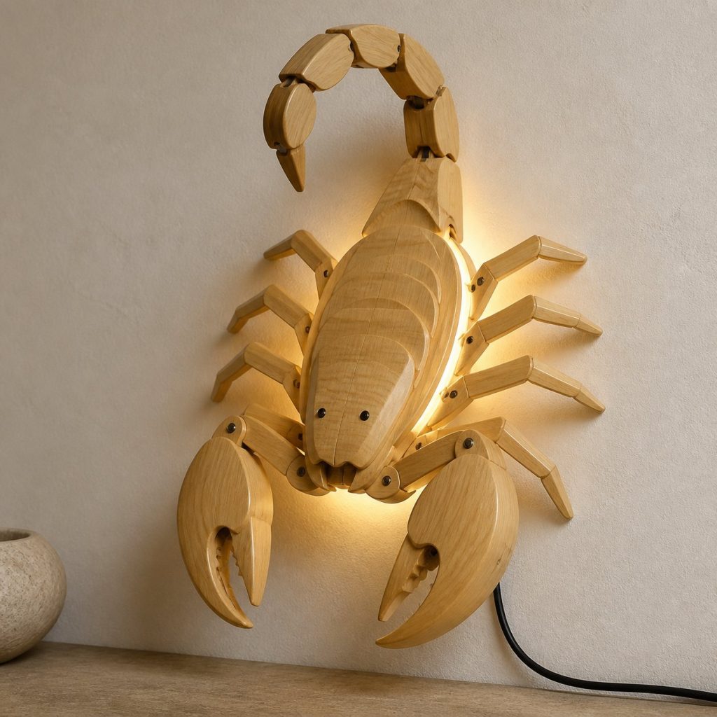 Layered Scorpion Head Wall Lamp shown as an original square photorealistic scorpion lamp made from natural light-yellow wood with fine grain and warm diffused light