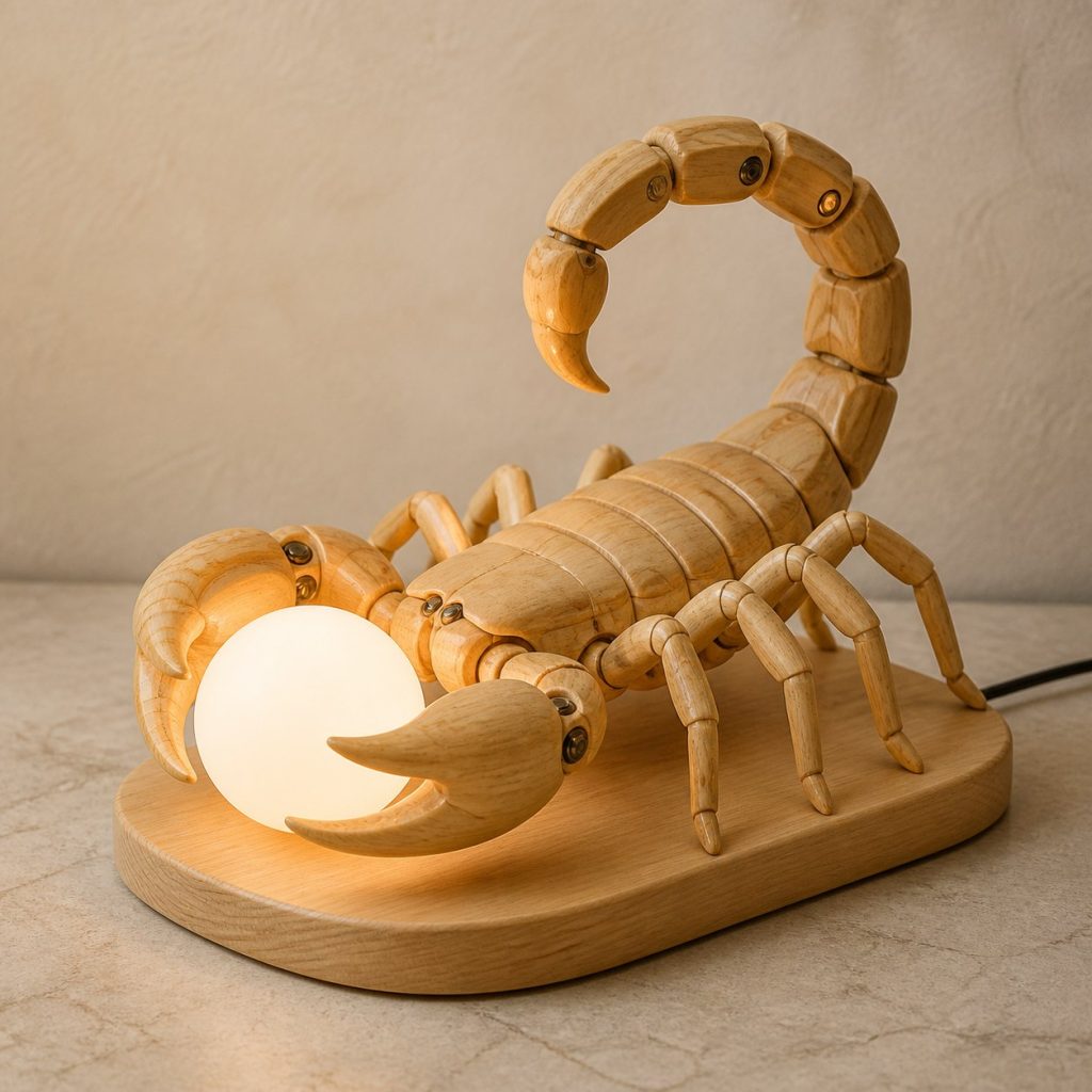 Scorpion Orb Lamp shown as an original square photorealistic scorpion lamp made from natural light-yellow wood with fine grain and warm diffused light