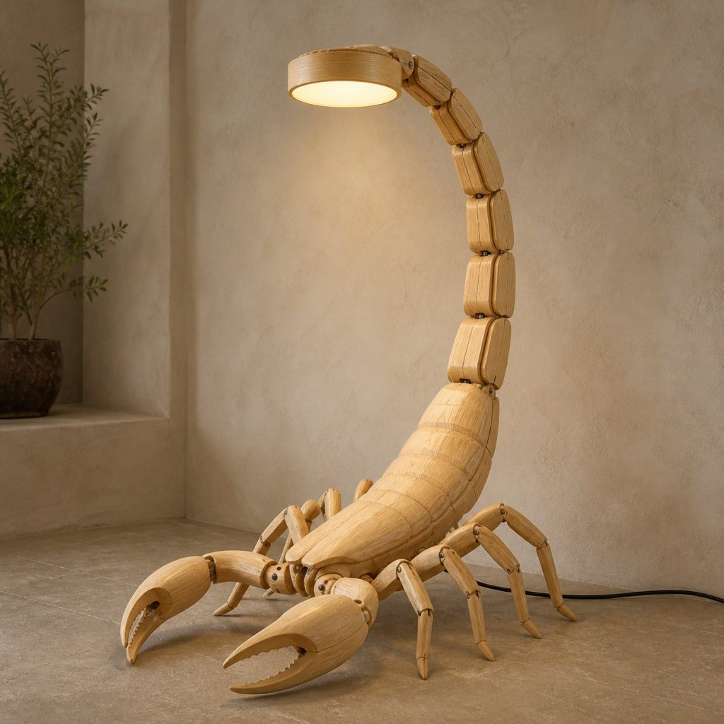 Tall Scorpion Floor Lamp shown as an original square photorealistic scorpion lamp made from natural light-yellow wood with fine grain and warm diffused light