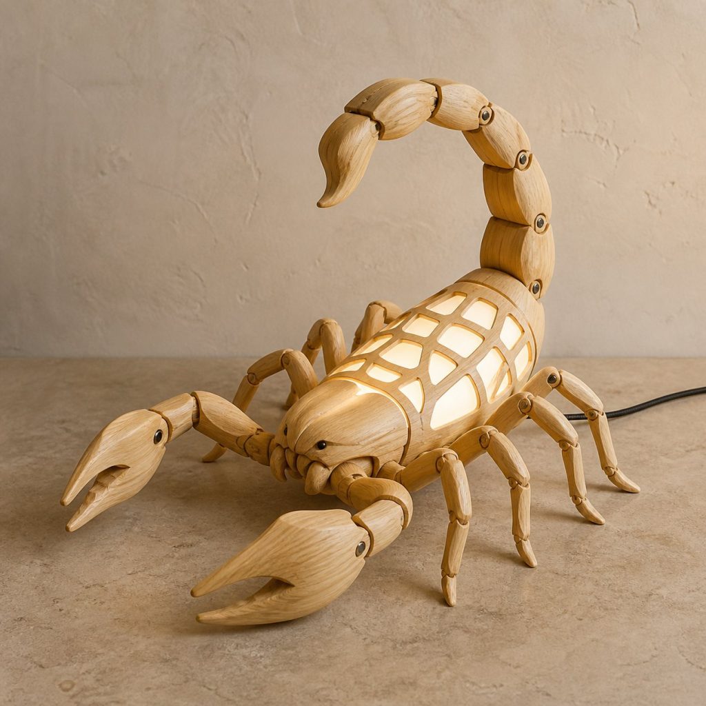 Desert Scorpion Lantern shown as an original square photorealistic scorpion lamp made from natural light-yellow wood with fine grain and warm diffused light