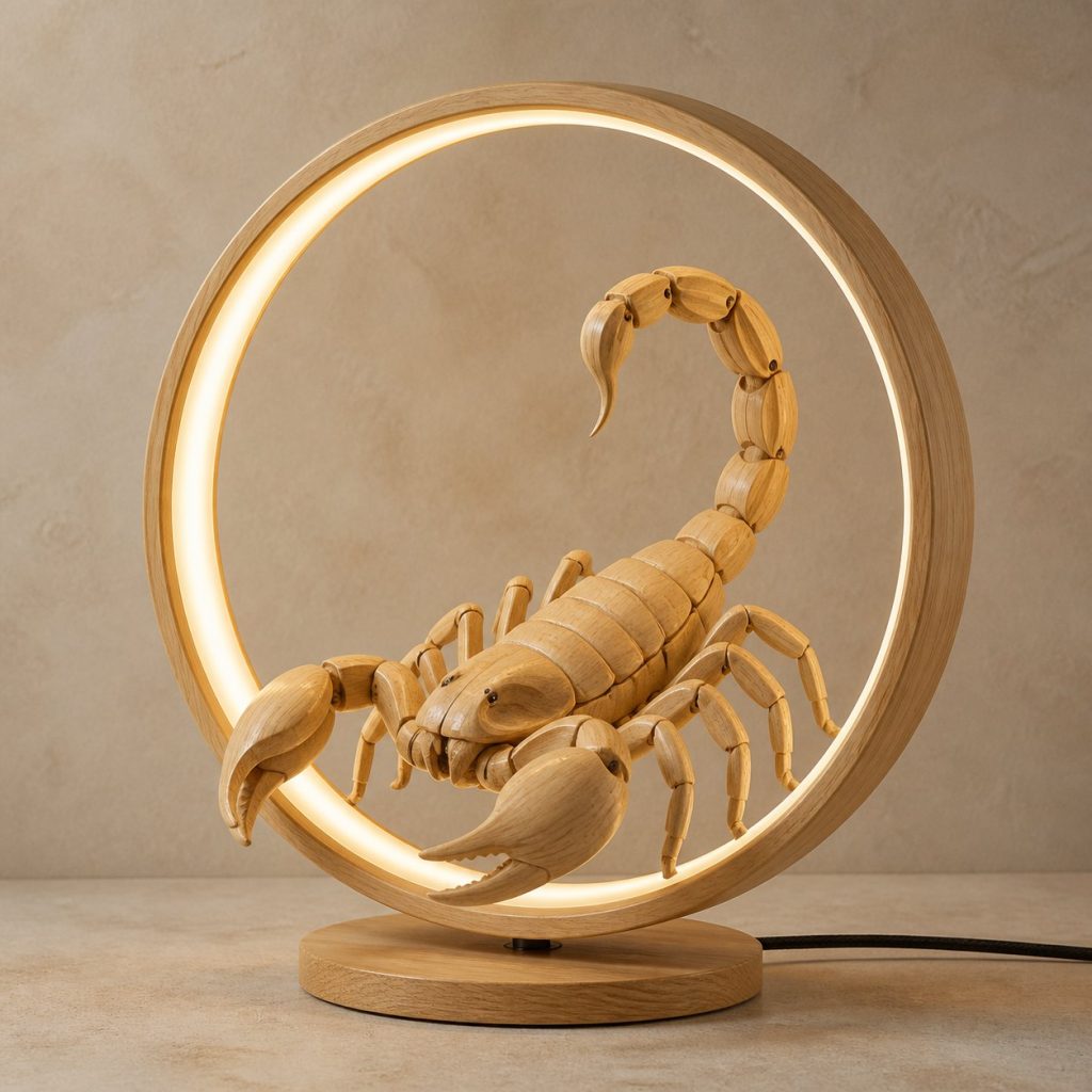 Scorpion Desert-Ring Lamp shown as an original square photorealistic scorpion lamp made from natural light-yellow wood with fine grain and warm diffused light