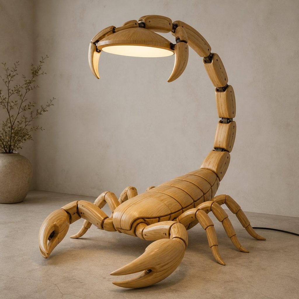Paired-Pincer Scorpion Floor Lamp shown as an original square photorealistic scorpion lamp made from natural light-yellow wood with fine grain and warm diffused light