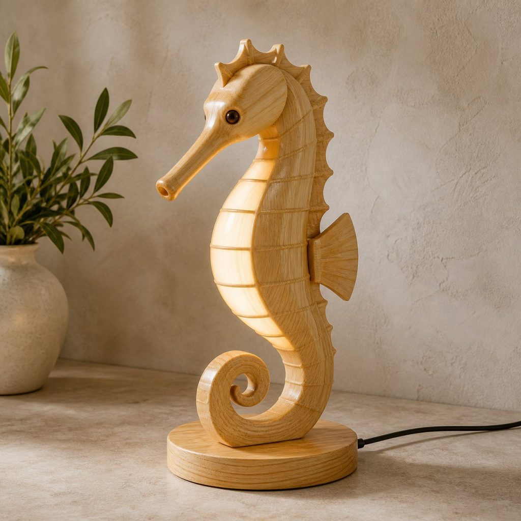 Upright Seahorse Profile Lamp shown as an original square photorealistic seahorse lamp made from natural light-yellow wood with fine grain and warm diffused light