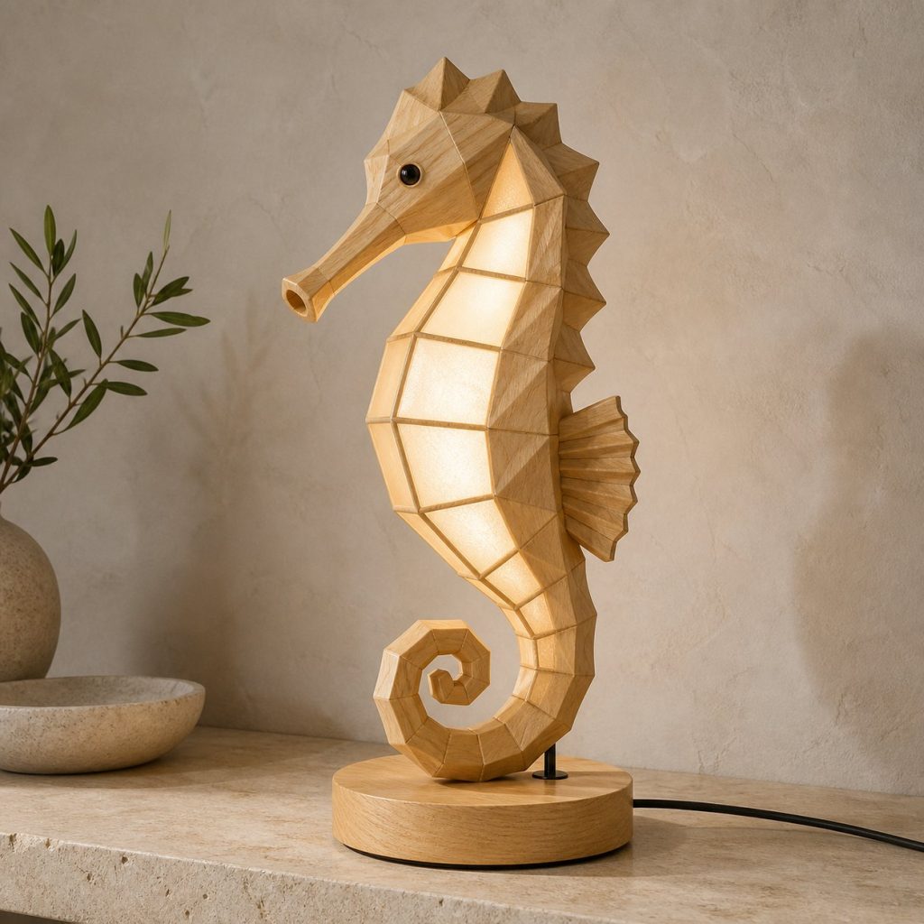 Faceted Seahorse Lamp shown as an original square photorealistic seahorse lamp made from natural light-yellow wood with fine grain and warm diffused light
