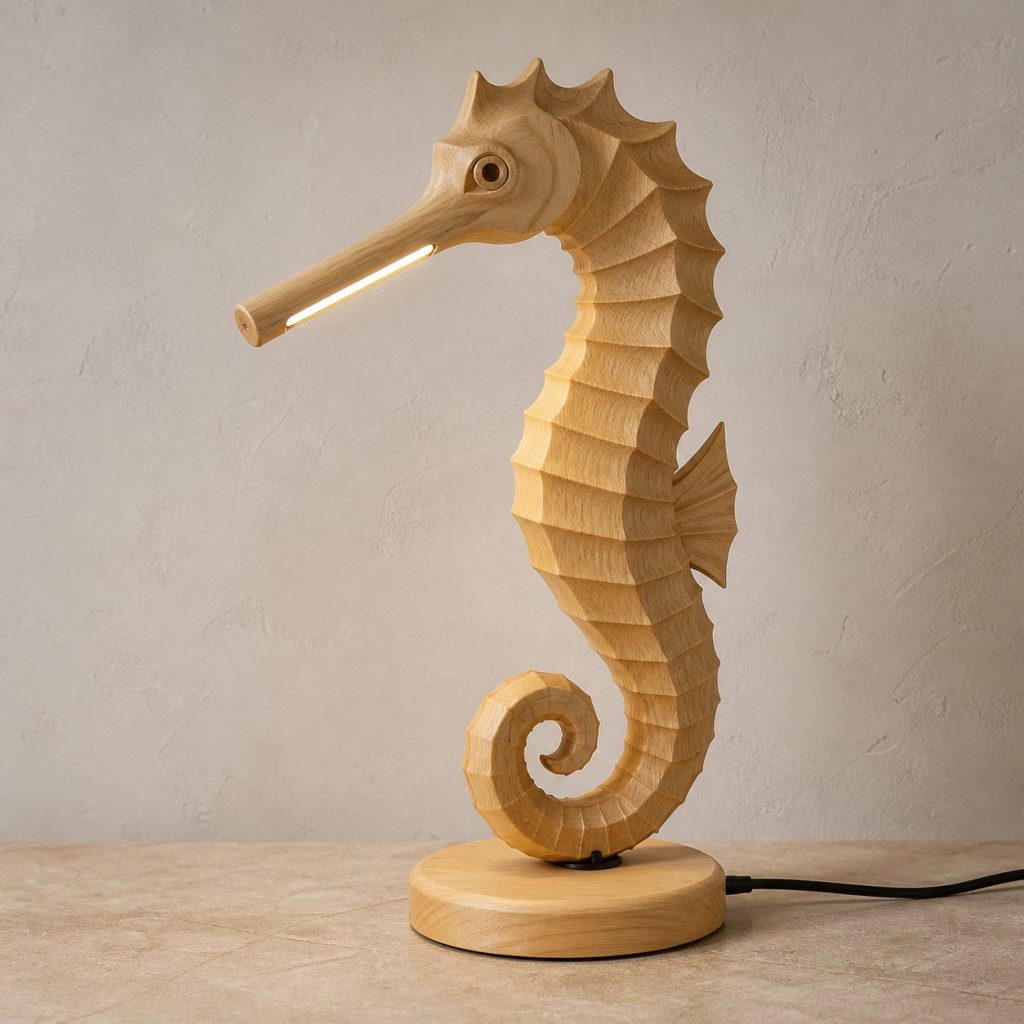 Seahorse-Snout Desk Task Lamp shown as an original square photorealistic seahorse lamp made from natural light-yellow wood with fine grain and warm diffused light