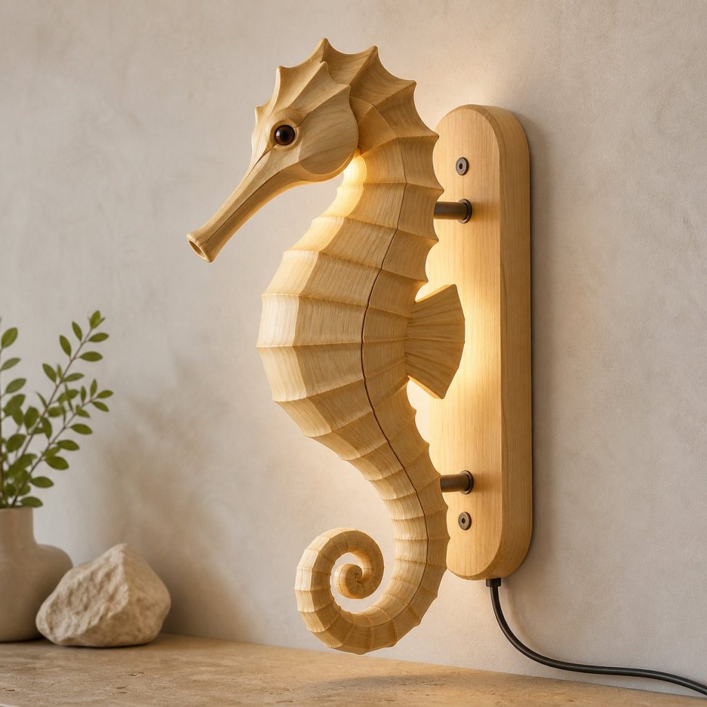 Swimming Seahorse Wall Sconce shown as an original square photorealistic seahorse lamp made from natural light-yellow wood with fine grain and warm diffused light