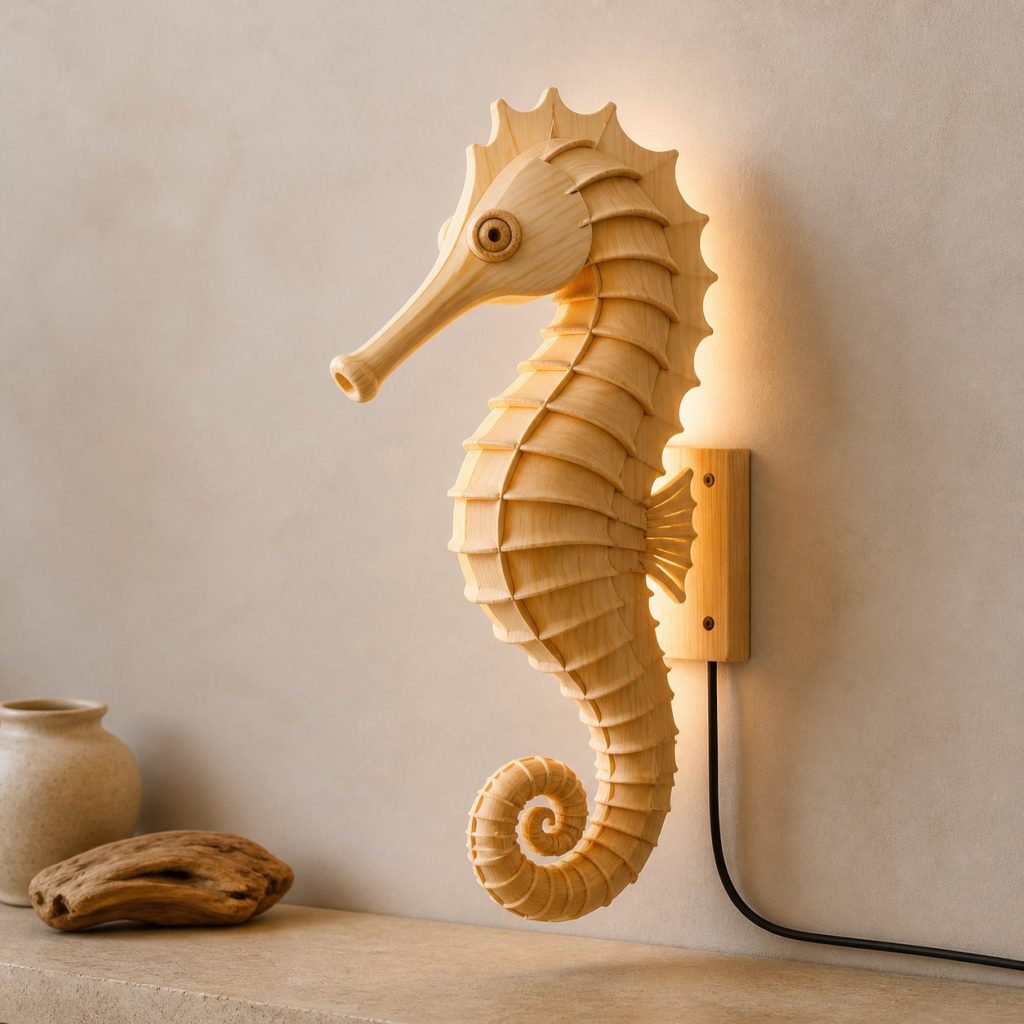 Layered Seahorse Head Wall Lamp shown as an original square photorealistic seahorse lamp made from natural light-yellow wood with fine grain and warm diffused light
