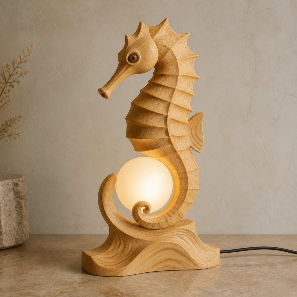 Seahorse Pearl Orb Lamp shown as an original square photorealistic seahorse lamp made from natural light-yellow wood with fine grain and warm diffused light