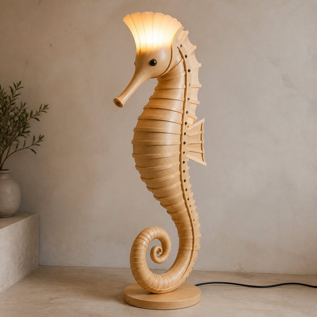 Tall Seahorse Floor Lamp shown as an original square photorealistic seahorse lamp made from natural light-yellow wood with fine grain and warm diffused light