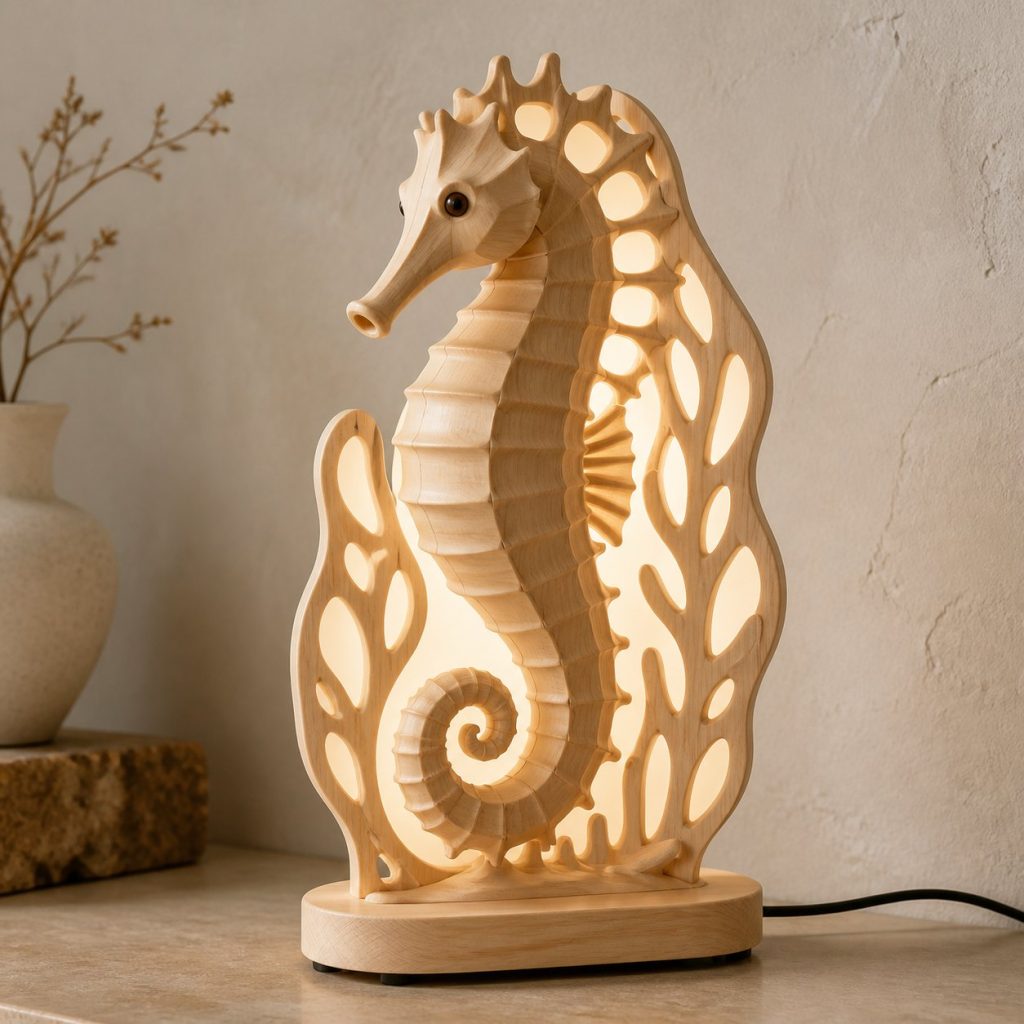 Coral Seahorse Lantern shown as an original square photorealistic seahorse lamp made from natural light-yellow wood with fine grain and warm diffused light