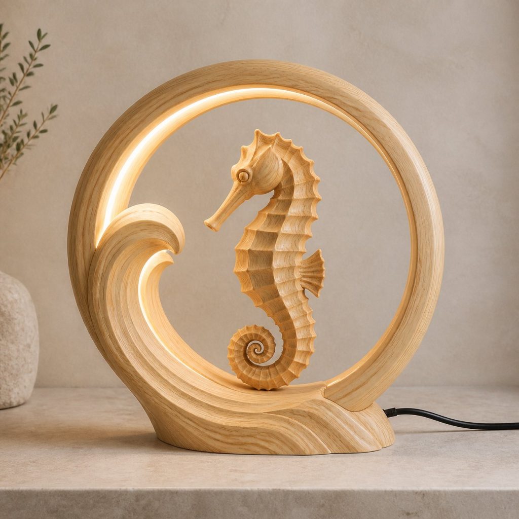 Seahorse Wave-Ring Lamp shown as an original square photorealistic seahorse lamp made from natural light-yellow wood with fine grain and warm diffused light