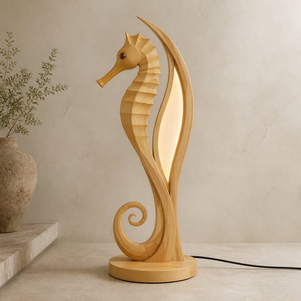 Paired-Curve Seahorse Floor Lamp shown as an original square photorealistic seahorse lamp made from natural light-yellow wood with fine grain and warm diffused light