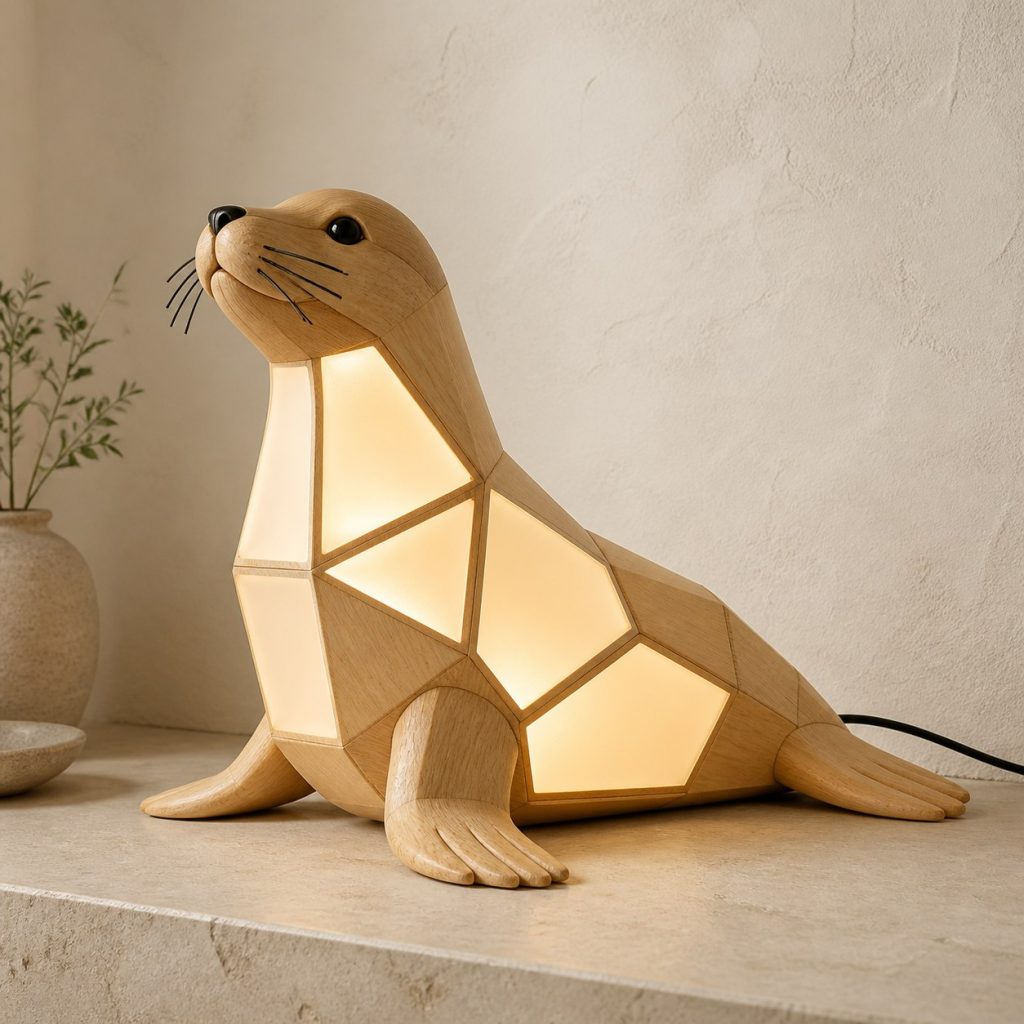 Faceted Seal Lamp shown as an original square photorealistic seal lamp made from natural light-yellow wood with fine grain and warm diffused light