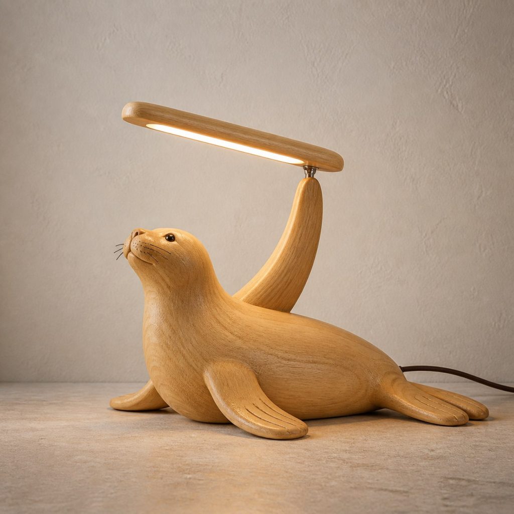Seal-Flipper Desk Task Lamp shown as an original square photorealistic seal lamp made from natural light-yellow wood with fine grain and warm diffused light