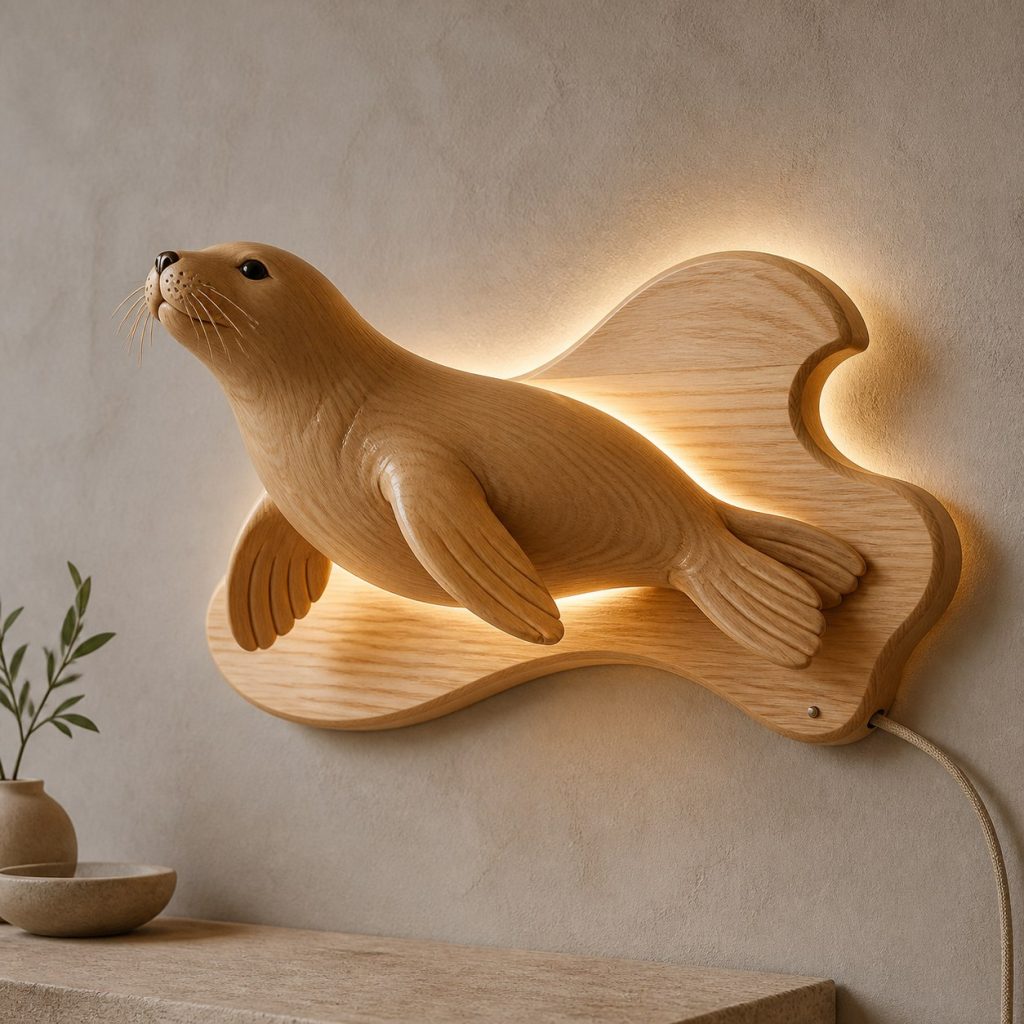 Swimming Seal Wall Sconce shown as an original square photorealistic seal lamp made from natural light-yellow wood with fine grain and warm diffused light