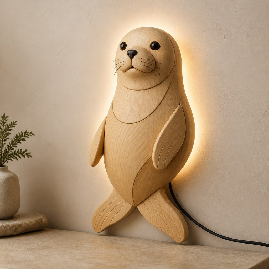 Layered Seal Face Wall Lamp shown as an original square photorealistic seal lamp made from natural light-yellow wood with fine grain and warm diffused light