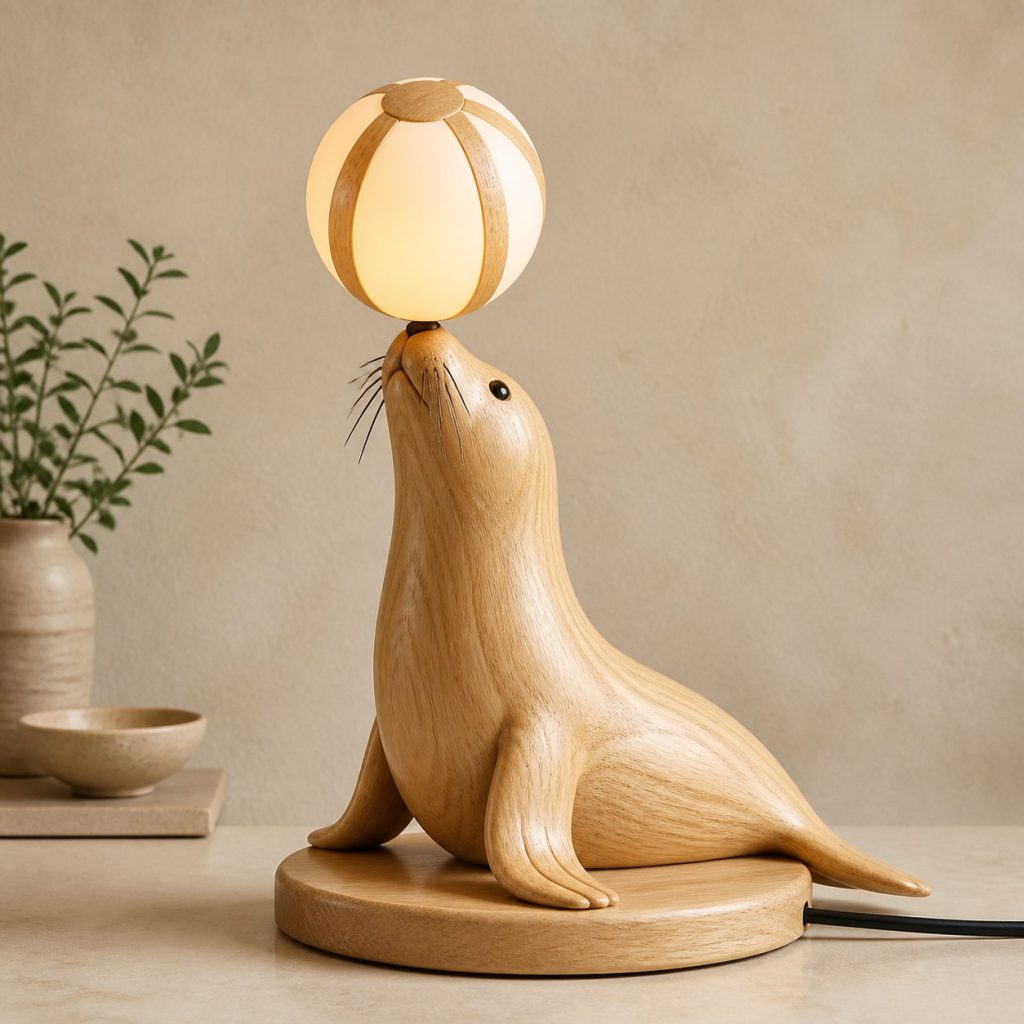Seal Orb Lamp shown as an original square photorealistic seal lamp made from natural light-yellow wood with fine grain and warm diffused light