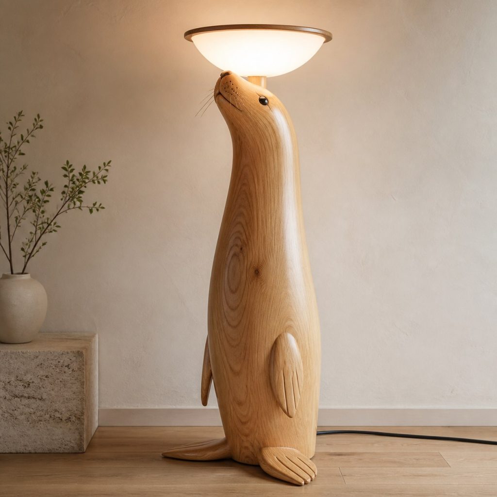 Tall Seal Floor Lamp shown as an original square photorealistic seal lamp made from natural light-yellow wood with fine grain and warm diffused light