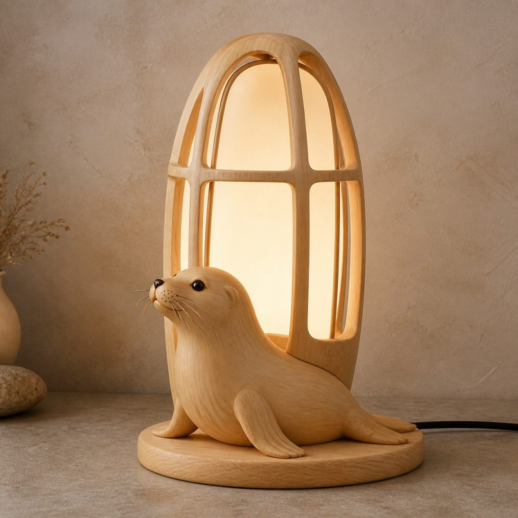 Arctic Seal Lantern shown as an original square photorealistic seal lamp made from natural light-yellow wood with fine grain and warm diffused light