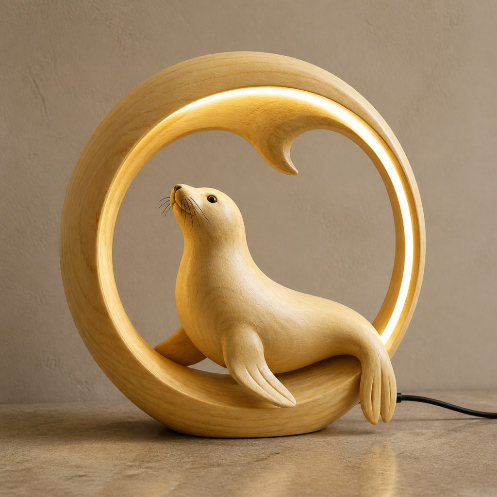 Seal Wave-Ring Lamp shown as an original square photorealistic seal lamp made from natural light-yellow wood with fine grain and warm diffused light