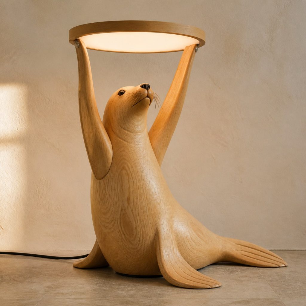 Paired-Flipper Seal Floor Lamp shown as an original square photorealistic seal lamp made from natural light-yellow wood with fine grain and warm diffused light