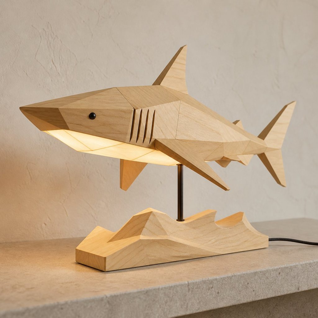 Faceted Shark Lamp shown as an original square photorealistic shark lamp made from natural light-yellow wood with fine grain and warm diffused light